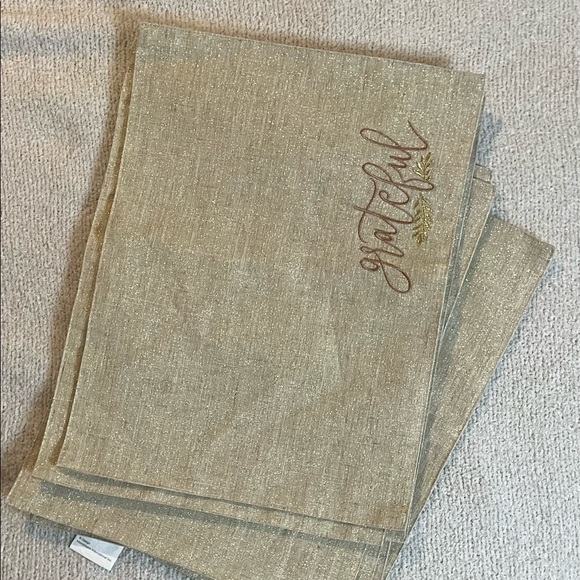 NOT FOR SALE Set 7 placemats beige w/ metallic gold threading, copper lettering - Picture 2 of 6